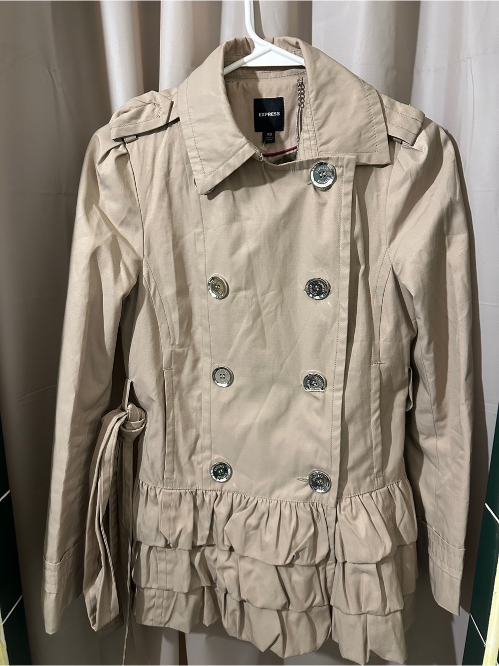 Express Beige Double-Breasted Ruffle-Hem Trench Coat